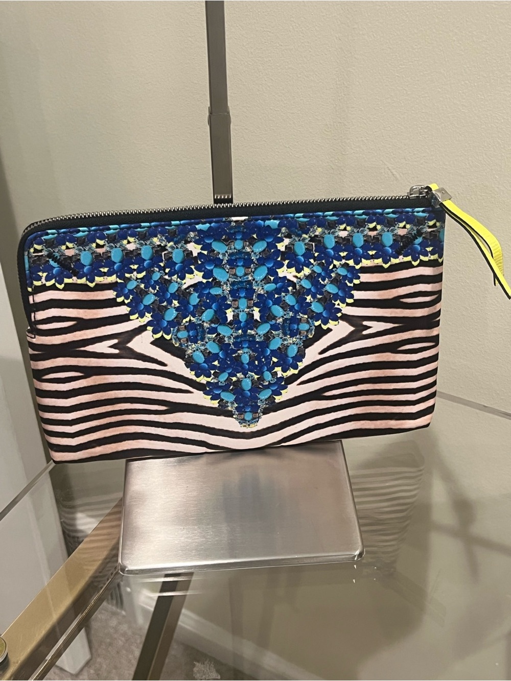 Stella & Dot Zebra Stripe Clutch with Blue Gem Triangle